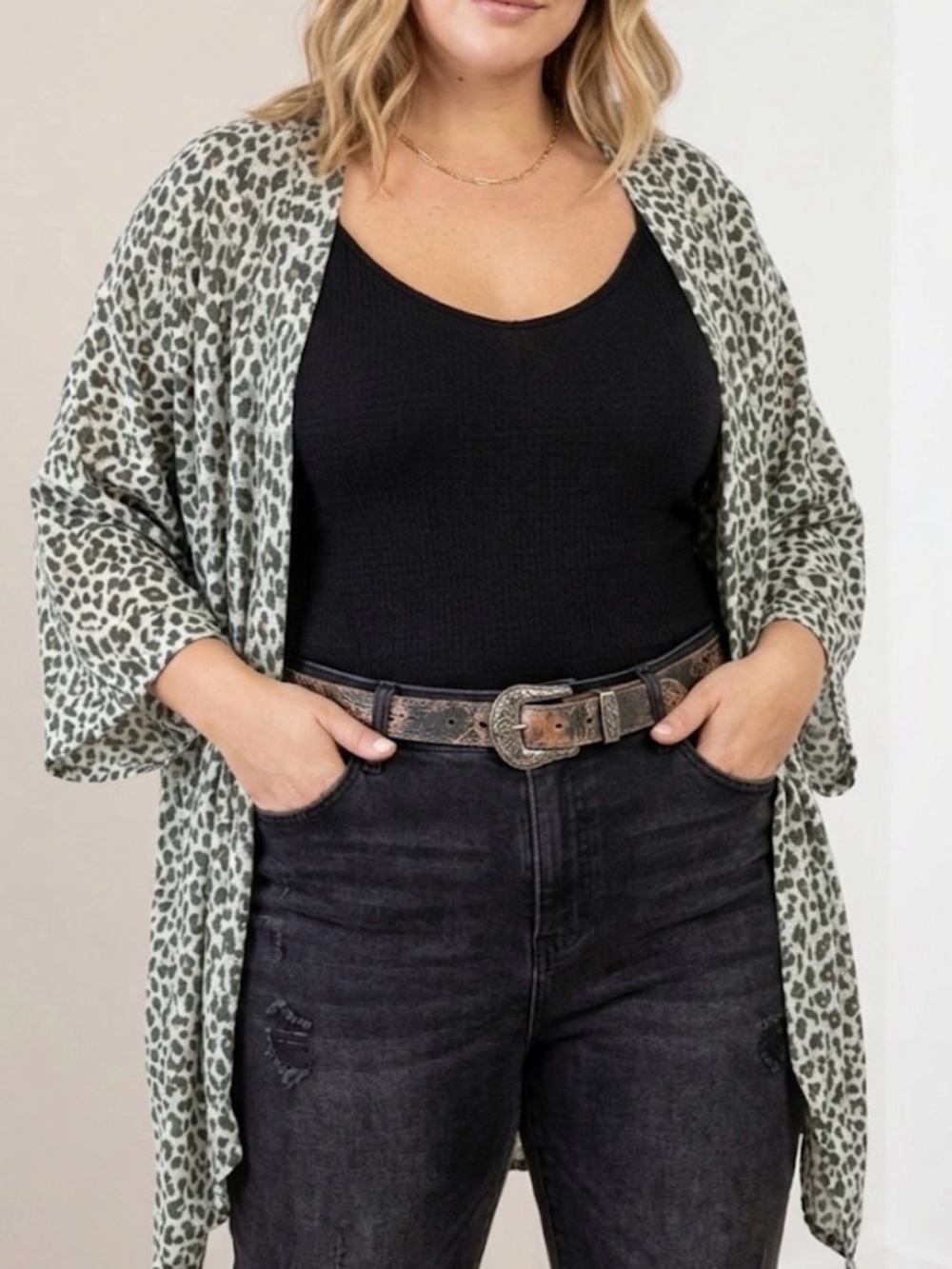 NWT‎ Easel Animal Print Kimono Cardigan Top Green Black Plus Size 1X